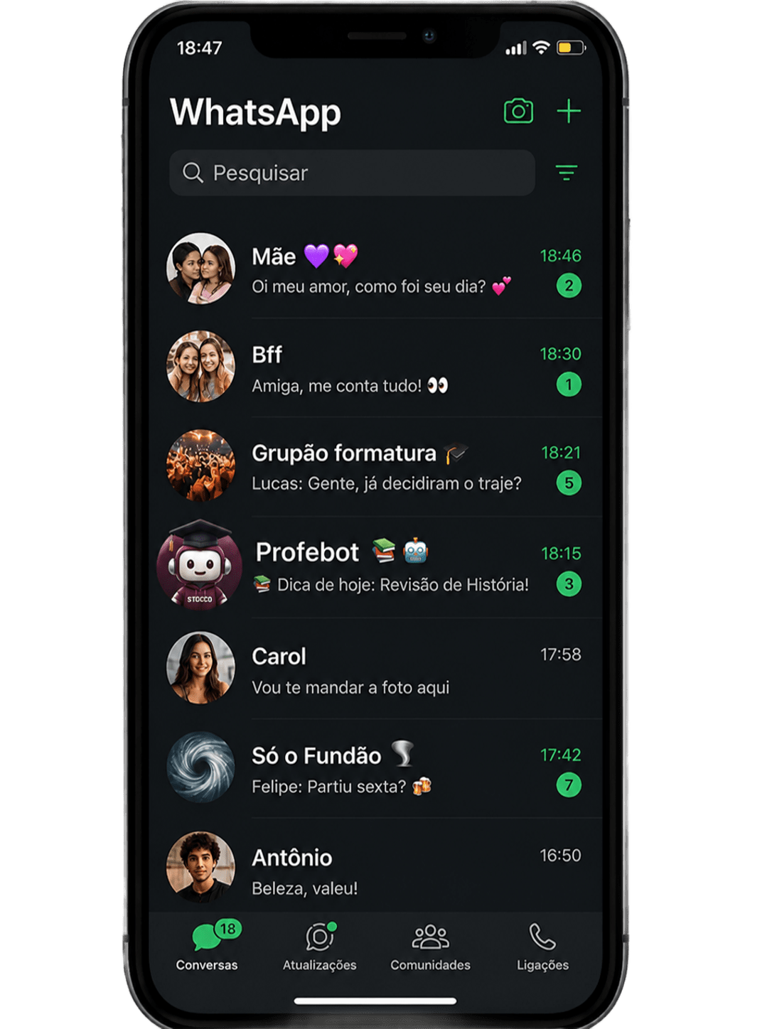 Celular com o ProfeBOT entre os contatos do aluno